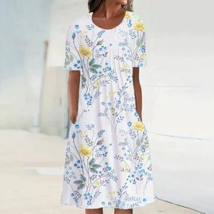 Vestidos casuais para mulheres elegantes de verão com decote em V estampado manga curta vestido de cintura império com bolsos