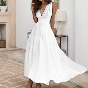 Freizeitkleider Weißes Damen-Maxikleid, elegante Tunika mit V-Ausschnitt und Taille, lang, ärmellos, Sommerroben, Longues