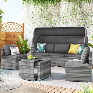 Camp Furniture Graues 5-teiliges Outdoor-Sofa-Set für Terrasse, Rattan, Tagesbett mit Baldachin und Beistelltisch aus gehärtetem Glas für Hinterhofgärten