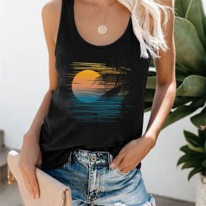 قمم Seeyoushy Women المسائية غروب الشمس طباعة بلا أكمام نساء Tank Top Fashion Tops للنساء Tees Tees قميص الإناث الصيف سترة فضفاضة