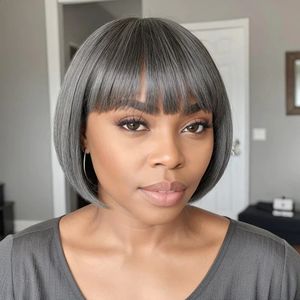 Salt Pepper Glueless Bob With Bangs 100% Human Hair 100% Human Hair Mix Black and Grey 240314