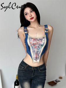 Tops Sylcue Vintage Art Print Patchwork Fashionable Allmatch Casual Summer Travel High Street Cool Women's Fishbone Vest