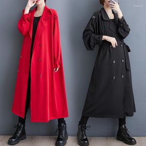 معاطف الخندق النسائية #6899 أسود أحمر معطف طويل معطف النساء المزدوج الصدر رياح الرياح