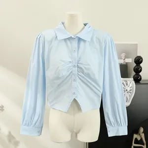 Blusas femininas moda coreana mulher blusa 2024 manga longa algodão linho gola polo camisa azul outono solto chique curto colheita topos