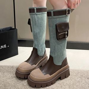 Buty kobiety Środkowe obcasy Chelsea Knee High Boots Chunky Bage Buty projektant 2023 Zima nowe kowbojki gladiator buty pompki motocyklowe botki motocyklowe