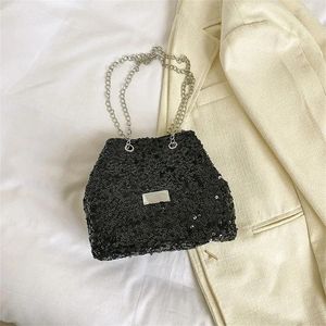 이브닝 백 디자이너 폴리 에스테르 여성 어깨 가방 패션 체인 스팽글 크로스 바디 작은 버킷 핸드백