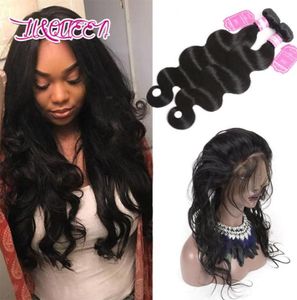 Body Wave Pre Plucked 360 spets front med buntar Brasilianska obearbetade mänskliga hår Naturligt svart 3pieceslot hårförlängningar840189902334