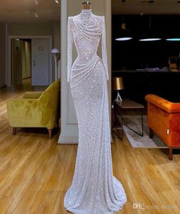 Glitter Mermaid Evening Dresses High Neck Sequins Long Sleeve Sweep Train Formal Party Gowns Custom Made Long Prom Dresses1175258