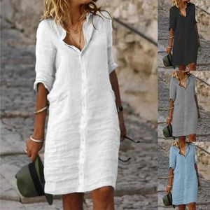 Casual Dresses Womens Summer Loose Lapel Button Half Sleeve Solid Color Cotton And Linen Shirt Dress Vintage Cardigan Knee-Length