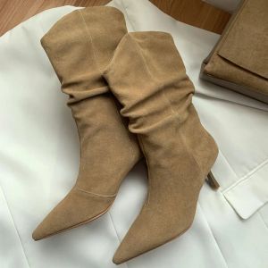 Boots Cow Suede Ankle Boots Pointed Toe Winter Shoes Woman Modern Boots Slip On High Heel 6.5 CM Women Simple Shoes Korea Style botas