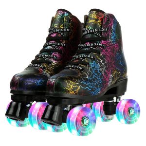 Обувь роликовые коньки Flash 4 Wheels Shoes Black Artificial Leather Adult Double Row Quad Conteakers Outdoor Indoor Sport Roller Shoes