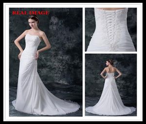 2015 Sexy A Line Strapless Pleated Wedding Dresses Chiffon Appliques Court Train Bridal Gowns HW0276642491