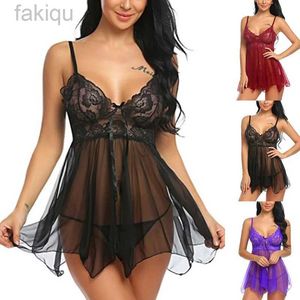 Pigiama sexy in pizzo senza maniche Babydoll con scollo a V Pigiama Lingerie sexy Abito da sera in seta Taglie forti Set perizoma intimo 24318