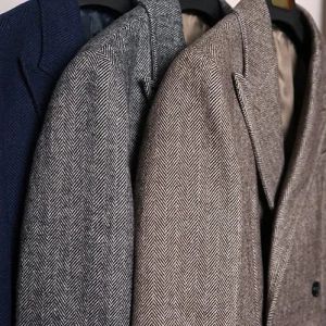 Suits Men's Suit One Piece Dark Gray Navy Herringbone Wool Tweed Medium Length Bussiness Retro Thickening Jacket for Wedding Groomsmen