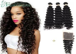 Deep Wave Brasilian Human Hair Weaves 100 obearbetade mänskliga hårförlängningar 3 buntar med spetsstängning hårväv buntar gross95912716