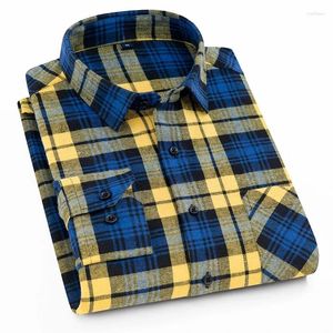 Camisas casuais masculinas xadrez escovado flanela manga longa bolso único camisa confortável moda magro ajuste botão para baixo