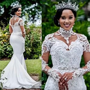 2024 Luxury High Neck Mermaid Wedding Dresses Bridal Gowns Sweep Train Lace Crystal Pearls Beads Plus Size African Nigerian Fishtail Robe De Mariee Long Sleeves