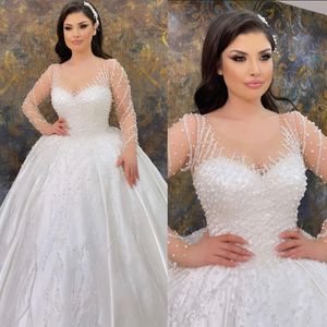 Vintage A Hatta Kadın Gelinlik Mücevher Boyun Uzun Kollu Gelin Gowns Pullar Boncuklar Süpürme Tren Elbise Özel Yapımı Vestidos de Novia