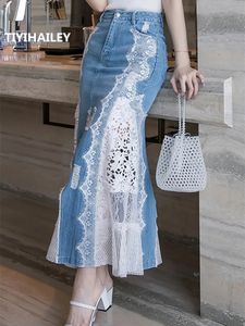 TIYIHAILEY Fashion Long Maxi Denim And Lace Fish Tail Skirt For Women S-2XL Mermaid Style High Waist Summer 240318