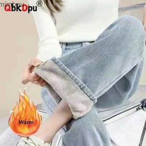 Calças de brim femininas largas inverno tornozelo-comprimento vaqueros coreano cintura alta calças jeans nova reta pantalone engrossar veludo forrado quente perna larga jeansc24318