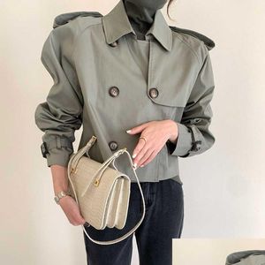 Womens Trench Coats Coreano Ins Primavera e Outono Lapela Design com Double Breasted Solto Versátil Manga Comprida Casaco Curto para Drop de Ototm