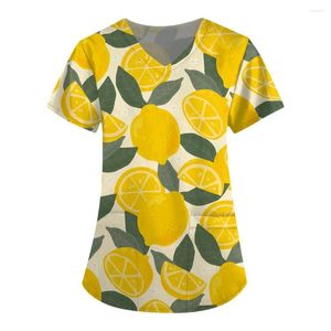 Frauen T Shirts Obst Plus Größe V-ausschnitt Tops Taschen Frauen Arbeits Uniform Orange Banana Wear Print Femme Bluse Uniformen