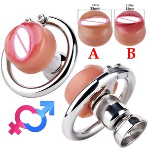 Male Stainless Steel Chastity Cage Lock with Simulated Silicone Vagina Small Cock Cage Sissy Flat Chastity Devices SM Penis Bondage Sex Toys