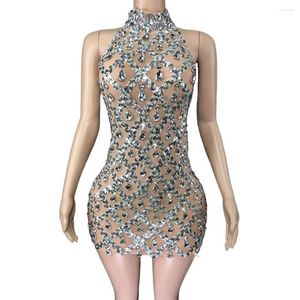 Stage Wear Sexy Sleeveless Transparent Women Evening Birthday Dress Singer Show Sparkly Silver Sequins Crystals Short Summer