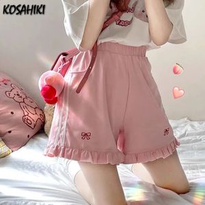 Kosahiki Kawaii Streetwear Bow Embroidery Elastic High midjebrett letg Shorts Women Summer Lolita Sweet Sweet Ruffle Short Femme 240315