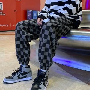 Pants Autumn and Winter Checkerboard Jeans Men's Casual Loose Sports Leggings Hong Kong Style American Hiphop Retro Trousers