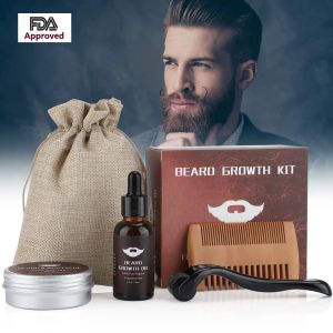 Set Barba Barbe Crescita dei capelli Olio essenziale Enhancer Set Nutriente Cura del viso Pettine Rullo ad aghi Massaggiatore Balsamo per baffi Kit 5 pezzi