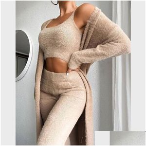 Kvinnor Tvådelade byxor Autumn Winter Soft Fluffy Three Set Women Y Off Shoder Crop Tops och Long Homesuit Casual Ladies 3 Suit Drop D Otwsd