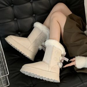 Stiefel Winter Wildleder warme Schneestiefel Frauen koreanische neue einfache Schnüre -up -kausale dicke Plüsch flauschige Antikoldstiefel Plattform Cotten Schuhe