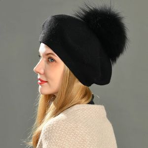 Outono inverno boinas chapéu feminino casual malha lã boina com pele de guaxinim real pom senhoras angola cashmere feminino 240315