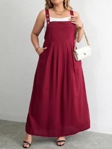 Plus storlek klänningar bomullsklänning kvinna 2024 sommaren ärmlös solid casual strap tank röda fickor stor kurvig maxi lång