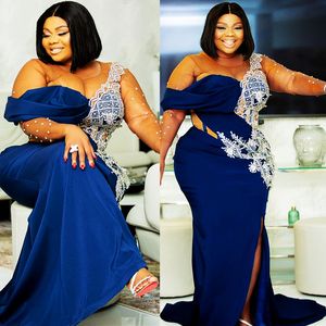 ASO EBI Navy Blue Mermaid Prom Kleider Spitze Perlen Satin Abend formelle Party zweite Rezeption Die Geburtstags -Verlobungskleider Kleider Robe de Soiree zj es