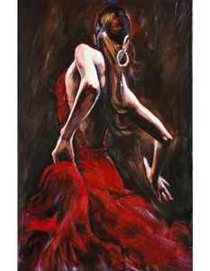 Pinturas decorativas de dança para sala de estar, dançarina de flamenco espanhol em vestido vermelho, tela pintada à mão art6264574