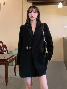 Women's Suits Lnsozkdg Autumn 2024 Women Black Irregular Buckle Oversized Blazer Lapel Long Sleeve Loose Fit Jacket Fashion High Street