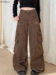 Kvinnors jeans 2023 cyber y2k streetwear vintage brun baggy rippade jeans byxor för gothes kvinnor brett ben harajuku mode lady los