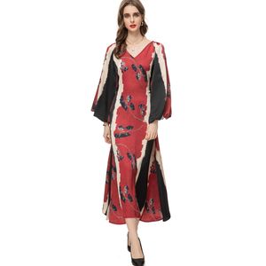 Women's Runway Dresses V Neck Lantern Sleeves Printed Floral Lace Up Elegant Designer Vestidos