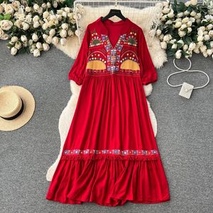 Party Dresses Holiday Bohemian Dress Ethnic Style Fringe Trim Vintage Embroidery Women V Neck Half Sleeve Summer Midi