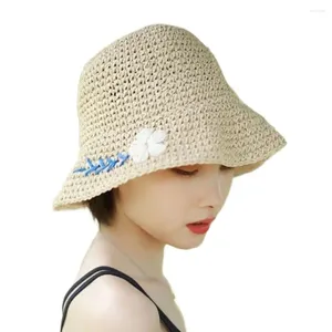 Berets UV Protection Straw Bucket Hat Women Wide Brim Foldable Beach Cap Breathable Portable Shade