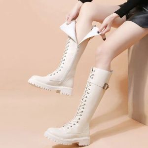 Boots Women's Boots Biker Long Footwear Middle Heel Shoes for Woman New Rock Winter Knee High Shaft in Free Shipping Promotion Boot Pu