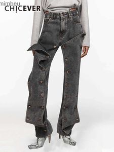 Kvinnors jeans chicever lapptäcke knapp mode lösa jeans för kvinnor hög midja skarvade fickor streetwear casual rak denim pant femalec24318