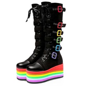 Boots BONJOMARISA New Arrivals Punk Platform Cool Chunky High Wedges Mid Calf Boots Autumn Trendy Multicolor Party Cos Shoes