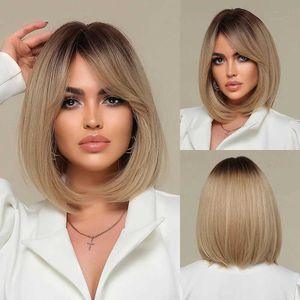 الباروكات الاصطناعية La Sylphide Bob Ombre Brown Blonde Wig with Bangs Natural Wirms Daily Party Lolita Short Wigs Hair Resistant Hair 240329