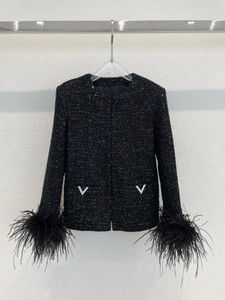 Kvinnorjackor 2024SS Spring Luxury Women Fashion Sequined Feathers Black High Quality Jacket Coat For Ladies RMSX 1.12