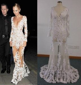 Sukienki celebrytów prawdziwe obrazy Candice Swanepoel koronki koronki nad iluzją Nude Tiul Long Rleeve Suknie