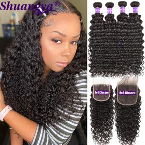 Fechamento peruano onda profunda pacotes com fechamento profundo encaracolado 4x4 5x5 hd fechamento de renda com pacotes cabelo encaracolado remy cabelo humano natural preto