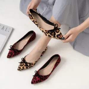 Flats Female Odorless BowKnot Flats Pointy Toe Ballerina Shoes For Women 2023 Noiseless SlipOn Leopard Red Yellow Flock Chaussure 48